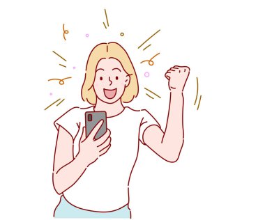 Young woman looks at smart phone screen reading message, be happy celebrate great news by sms. Hand drawn in thin line style, vector illustrations.