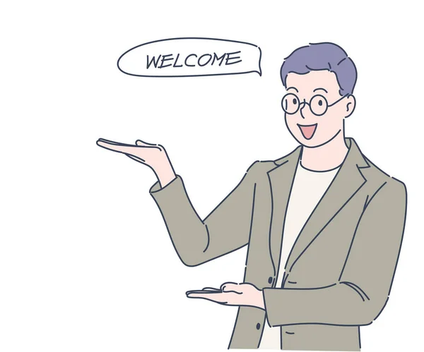 You Welcome Happy Businessman Gesturing Welcome Sign Hand Drawn Thin — ストックベクタ