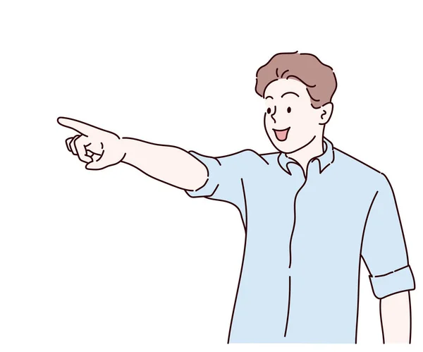 Young Man Pointing His Finger Forward Happy Face Hand Drawn — Vector de stock