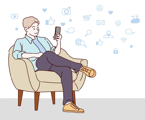 Genç adam evdeki koltukta dinleniyor, modern cep telefonu kullanıyor, sosyal medyayı kontrol ediyor. İnce çizgi şeklinde çizilmiş el, vektör çizimleri.