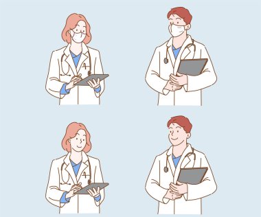 Professional medical doctors wearing protective mask. Hand drawn in thin line style, vector illustrations. (A Mask can be removable)