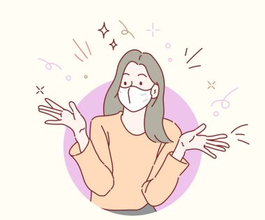 Young woman wear maks facial and cheerful. Surprised and excited. Hand drawn in thin line style, vector illustrations.