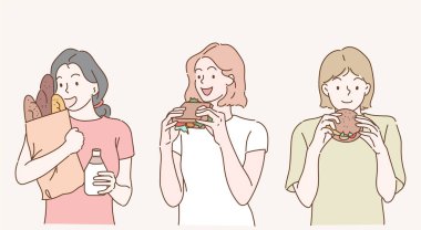 Young woman are eating bread. Hand drawn in thin line style, vector illustrations.
