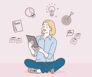 Young woman using tablet computer on the floor and  thinking of a work plan. Business development concept. Hand drawn in thin line style, vector illustration.