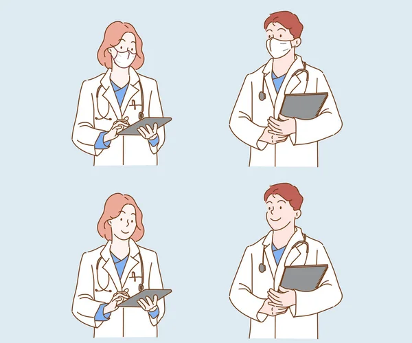 Koruyucu maske takan profesyonel tıp doktorları. İnce çizgi şeklinde çizilmiş el, vektör çizimleri. (Maske çıkarılabilir.)