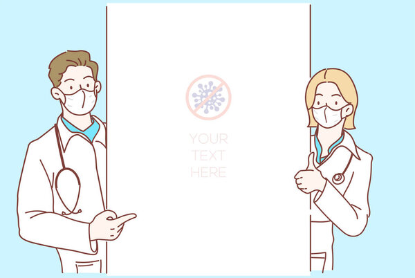 Doctors holding blank banner, showing thumb up and pointing with finger at copy space. Hand drawn thin line style,vector illustrations. (A Mask can be removable)