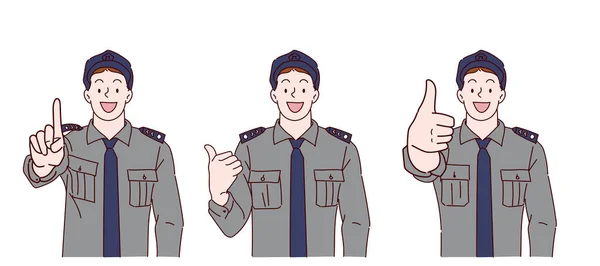 Young Security Man Show Thumbs Hand Drawn Thin Line Style — ストックベクタ