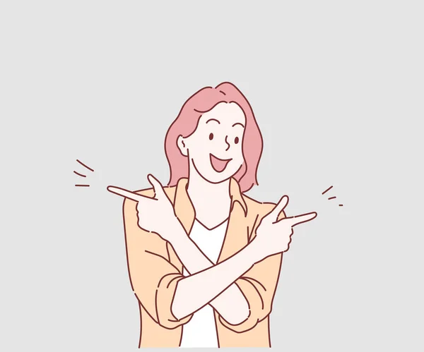 Genç, mutlu, çekici, doğrudan parmakları boş alan olan bir kadın. İnce çizgi şeklinde çizilmiş el, vektör çizimleri.