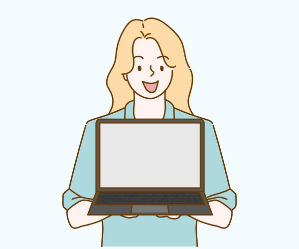 Young Woman Show Empty Laptop Screen Positive Expression Hand Drawn — Vector de stock