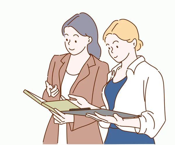 Mulheres Negócios Olhando Para Tablet Trabalhando Juntos Espaço Trabalho Escritório — Vetor de Stock