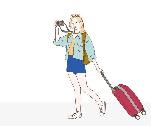 Young Woman Suitcase Walking Vacation Travel Travel Concept Hand Drawn — 스톡 벡터