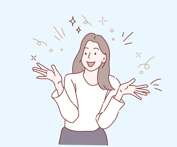 Genç bayan gülümsüyor ve neşeli. Şaşırdım ve heyecanlandım. İnce çizgi şeklinde çizilmiş el, vektör çizimleri.