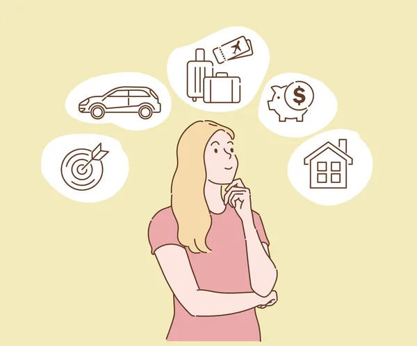 Young Woman Dreaming Home Investment Travel Car Money Saving Hand — Stockvector