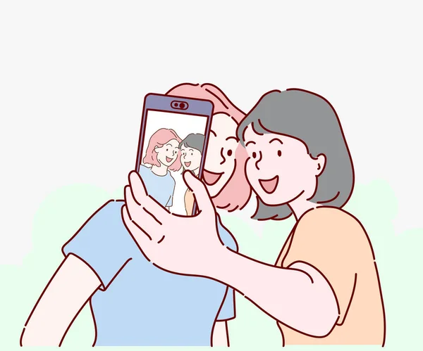 Two Girls Friends Taking Selfie Her Mobile Phone Hand Drawn — Stockvektor