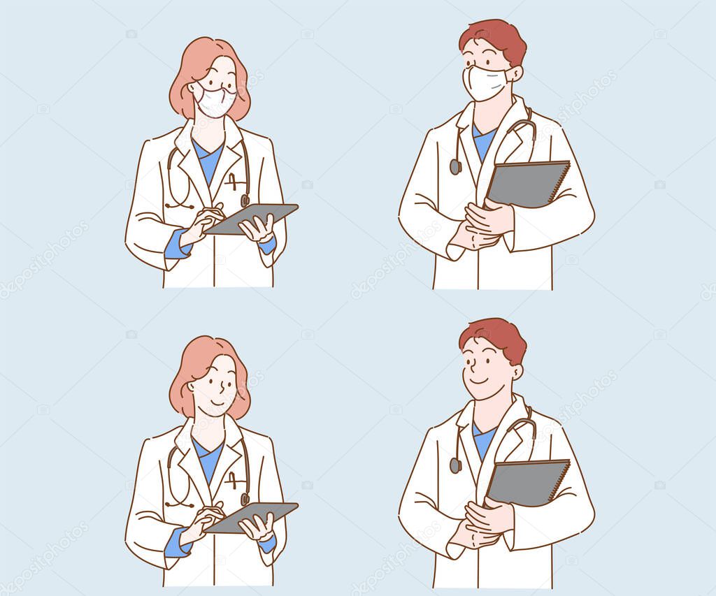 Professional medical doctors wearing protective mask. Hand drawn in thin line style, vector illustrations. (A Mask can be removable)