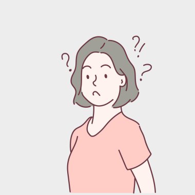 Genç kadın bir soru ve şaşırmış. Duygusal yüz ifadesi konsepti. İnce çizgi şeklinde çizilmiş el, vektör çizimleri.