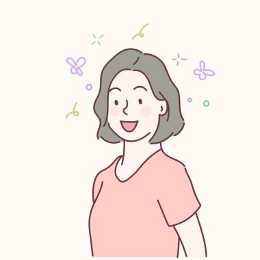 Young woman is very happy and joyful. Emotional facial expression concept. Hand drawn in thin line style, vector illustrations.