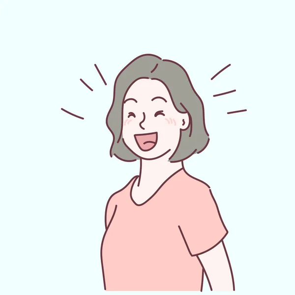 Young Woman Very Happy Laugh Emotional Facial Expression Concept Hand — Stock vektor
