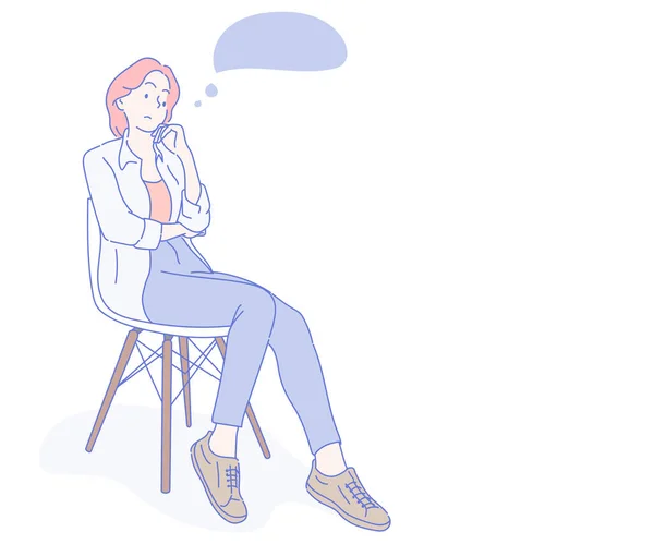 Young Business Woman Sitting Chair Thinking Hand Drawn Thin Line — Stockvektor