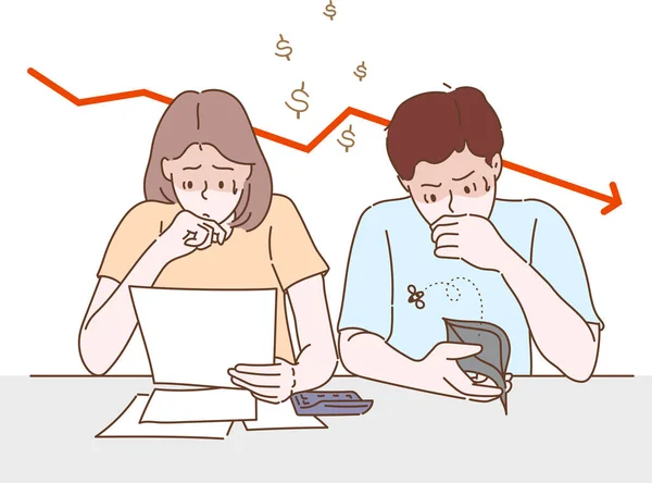 Çiftler borçlar ve harcamalar konusunda endişeli. İnce çizgi şeklinde çizilmiş el, vektör çizimleri.