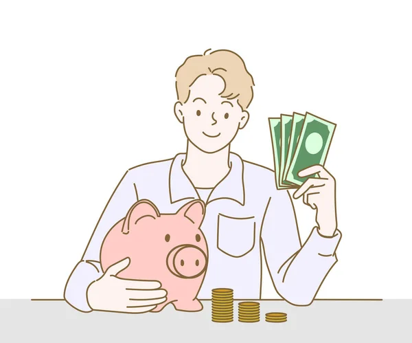 Young Man Piggybank Bundles Money Money Concept Hand Drawn Thin — Image vectorielle