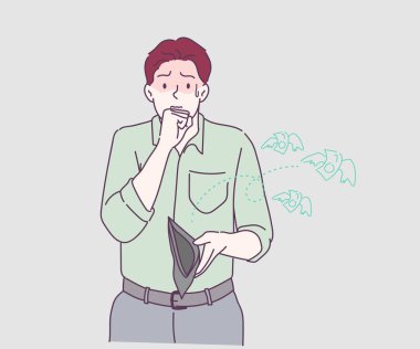 Adam endişeli, cüzdanı boş, parası yok. İnce çizgi şeklinde çizilmiş el, vektör çizimleri.