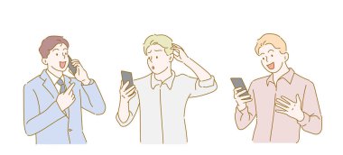 Set fo young man looks at the smart phone screen reading message. They are chatting through social media. Hand drawn in thin line style, vector illustrations.