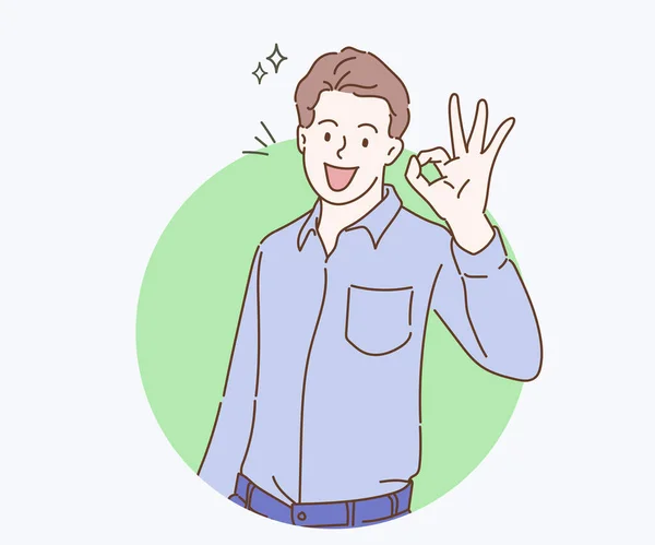 Young Man Showing Sign Smiling Confident Hand Drawn Thin Line — стоковый вектор
