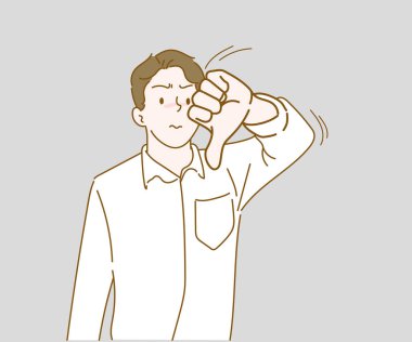 Young man unhappy and angry showing rejection and negative with thumbs down gesture. Hand drawn in thin line style, vector illustrations.