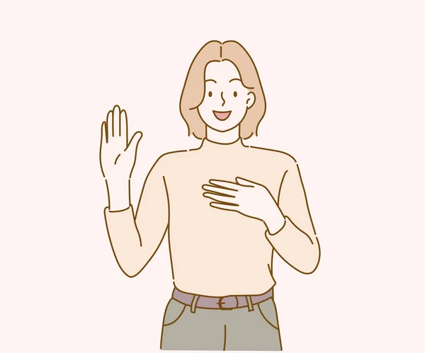 Smiling Girl Introduce Herself Raising Hand Say Hello Hand Drawn — 图库矢量图片