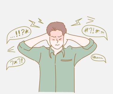 Young man covering his ears with fingers to protect them from an uncomfortable, annoying noise. Hand drawn in thin line style, vector illustrations.