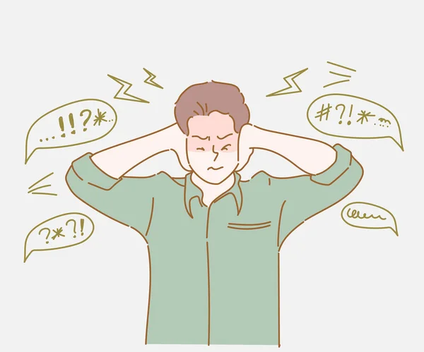 Young Man Covering His Ears Fingers Protect Them Uncomfortable Annoying — Stock vektor