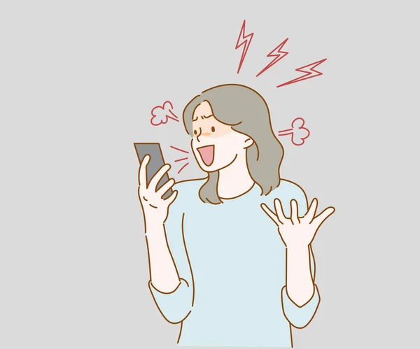 Angry Aggressive Woman Nervously Screaming Looking Hatred Mobile Phone Screen — Stockvector