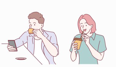 Drinks and leisure concept. Happy young woman and man with cup of tea or coffee at home. Hand drawn in thin line style, vector illustrations.