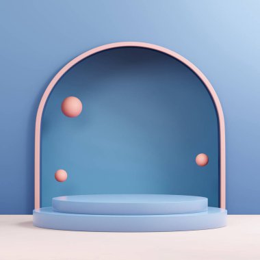 Ürün gösterimi ve Reklam Açık Ürün Sunumu için podyum sahnesi, mavi pastel arka plan üzerinde soyut pembe toplar, kopyalama alanı, 3D görüntüleme 