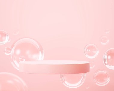 Pembe pastel arka planda şeffaf camlar, minimalist podyum, vitrin güzelliği ve kozmetik ürün sunumu için sahne, cilt bakımı arka plan konsepti, 3D model podyum, 3D canlandırma