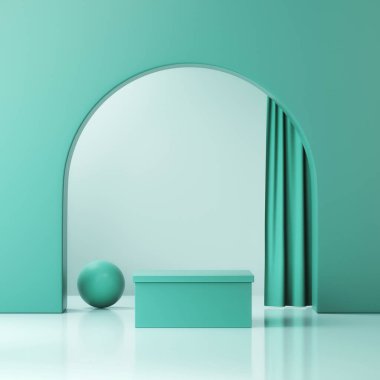 Yeşil renkli pastel, Minimal Sahne İç Tasarımı Ürün gösterimi ve reklam sunumu, güzellik ürünleri sergisi, Açık ve Hoş Geldiniz konsepti, 3D sunumu 