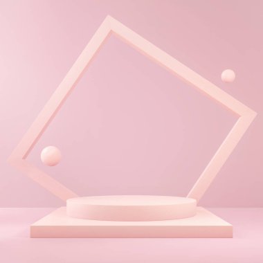 Pembe renkli pastel arka planda soyut geometrik dekoratif sahne, güzellik, kozmetik, ürün sunumu veya sahne gösterisi için Mockup podyumu, tasarımınız için kopya alanı, 3d görüntüleme