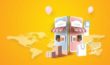 İnternet üzerinden satın alma, dijital web bankeri uygulama, para reklamları, ödeme ekommerce vektör illüstrasyon araması