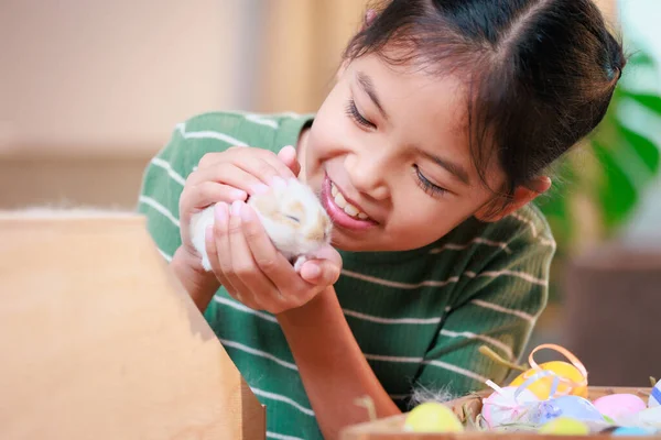 Menina Criança Asiática Segurando Coelho Minúsculo Mão Com Ternura Amor — Fotografia de Stock