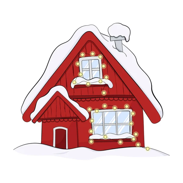 Cartoon Winter house. Immagine vettoriale della casa di Natale rossa coperta di neve. — Vettoriale Stock