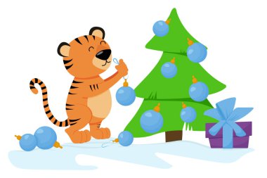 Tatlı çizgi film kaplanı Xmas ağacını süslüyor. Çizgi film çizimleri beyaz arkaplanda izole edildi. Noel dekorasyonu.