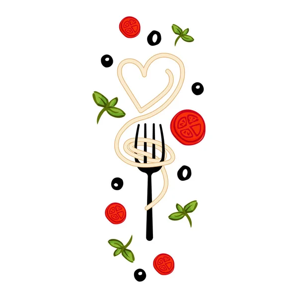 Spaghetti su forchetta illustrazione con arredamento. Isolato su sfondo bianco. — Vettoriale Stock