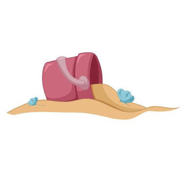 Bucket with sand and shells. Summer colorful kid toy. Summer icon. Vector illustration isolated on white background.