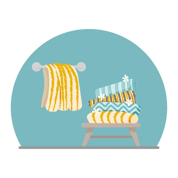 Handdukar på bänk och hängande handduk illustration. Färgstark vektor. — Stock vektor