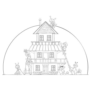 Robotlar ev inşa eder. Boyama sayfası. Çocuklar eğlenir.