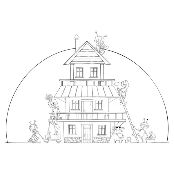 Des robots construisent une maison. Coloriage. Enfants amusant. — Image vectorielle