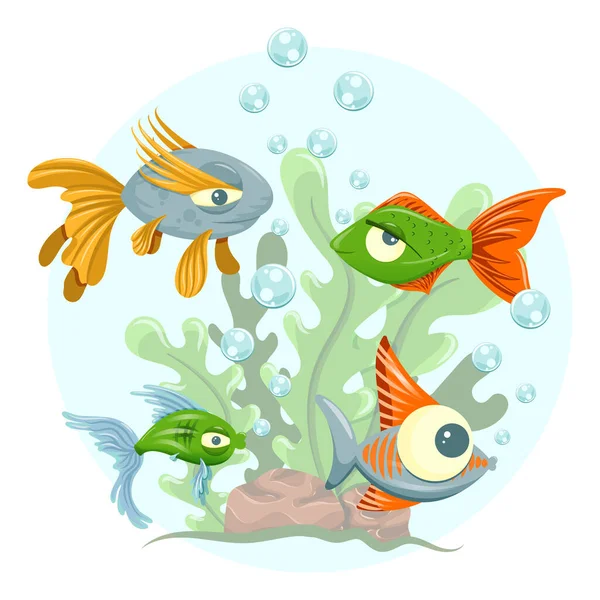 Underwater Cartoon Illustration Fish Seaweed Isolated White Background — 图库矢量图片
