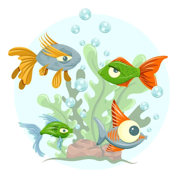 Underwater Cartoon Illustration Fish Seaweed Isolated White Background — ストックベクタ