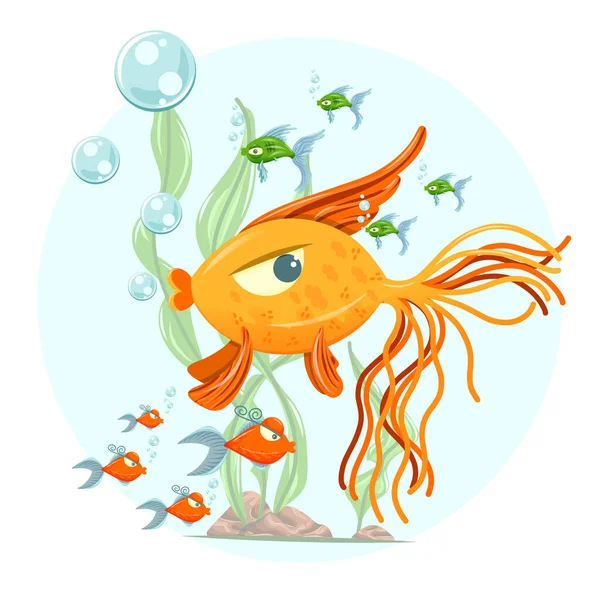 Underwater Cartoon Illustration Fish Seaweed Isolated White Background – stockvektor